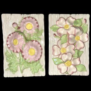 Vintage Ceramic Pink Floral Rectangle Wall Plaques Set of 2